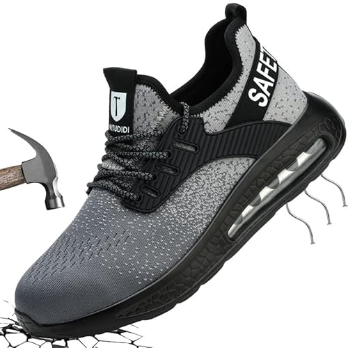 Mitudidi Sicherheitsschuhe S1 Leicht 44 EU Damen Herren Sportschuhe Herren Unisex Arbeitsschutzschuhe Herren Druckwiderstand Anti-Punktion Industrieschuhe Grau Arbeitsschuhe mit Stahlkappe von Mitudidi