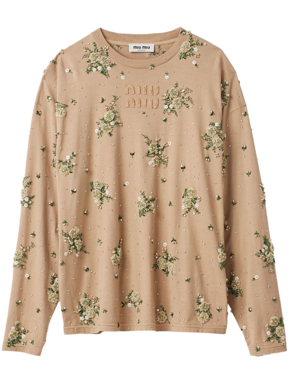 Miu Miu T-Shirt mit Blumenapplikation - Nude von Miu Miu