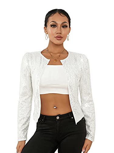 Miucchy Damen Sexy Pailletten Shrug Glitzer Bolero Jacken Sparkly Blazer Langarm Cropped Cardigan für Party, silber, 44 Miucchy Damen Sexy Pailletten Shrug Glitzer Bolero Jacken Sparkly Blazer Langarm Cropped Cardigan für Party, silber, 44 von Miucchy