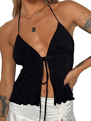 Miucchy Sommer Y2k Tie Front Tops für Frauen Neckholder Crop Cami Bandage Open Front Sleeveless Tank, A-schwarz, M von Miucchy