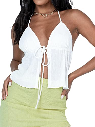 Miucchy Sommer Y2k Tie Front Tops für Frauen Neckholder Crop Cami Bandage Open Front Sleeveless Tank, A-weiß, Large von Miucchy