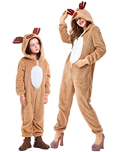 Weihnachtliches Rentier-Kostüm, Cosplay, Mommy and Me Passende Familie Reißverschluss Plüsch Jumpsuit Pyjama, Khaki Kinder, 140 von Miucchy