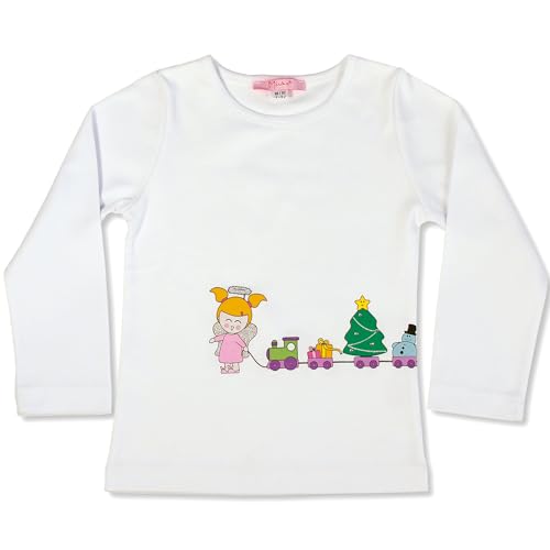 Miuko Langarmshirt für Mädchen weiß, T-Shirt langärmlig, Motiv weihnachtliche Eisenbahn, Kindershirt 100% Baumwolle 74 80 86 92 98 104 110 116 122 128 (DE/NL/SE/PL, Numerisch, 98, 104, Regular, weiß) von Miuko