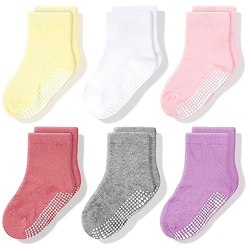 CozyWay Baby Anti-Rutsch-Crew-Socken mit Griffen für Kleinkinder kleine Jungen Mädchen Kleinkinder Kinder nicht rutschen, Mädchen Unifarben 6 Paar, 1-3 Jahre von CozyWay