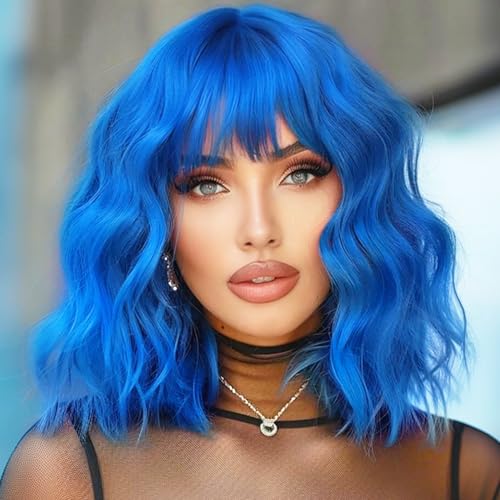 Blaue Perücke für Damen, kurz, gewellt, mit Pony, Bob, lockige Perücke, bunte Perücken für Damen, hitzebeständige Kunstfaser-Perücken für Cosplay, Party Blaue Perücke für Damen, kurz, gewellt, mit Pony, Bob, lockige Perücke, bunte Perücken für Damen, hitzebeständige Kunstfaser-Perücken für Cosplay, Party von Miuric