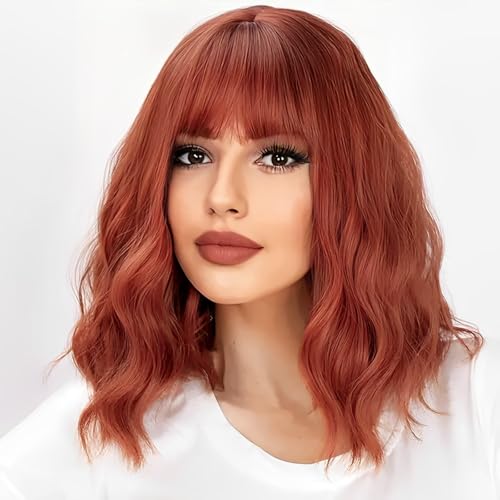 Rotbraune Perücke mit Pony, für Damen, lockig, kupferrot, schulterlang, mit Mittelscheitel, orangefarbene Perücke, natürliches Aussehen, Kunstfaser-Perücken Rotbraune Perücke mit Pony, für Damen, lockig, kupferrot, schulterlang, mit Mittelscheitel, orangefarbene Perücke, natürliches Aussehen, Kunstfaser-Perücken von Miuric