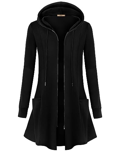 Miusey Langer Damen-Kapuzenpullover mit Reißverschluss, leicht, Tunika, Sweatshirt, vorne offen, 2# schwarzes Fleece, M von Miusey
