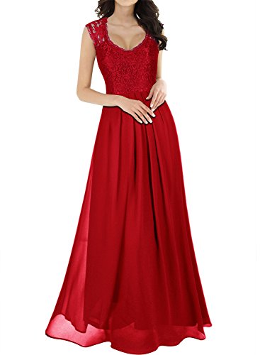 MIUSOL Damen Aermellos V-Ausschnitt Spitzenkleid Brautjungfer Cocktailkleid Chiffon Faltenrock Langes Kleid Rot S von MIUSOL