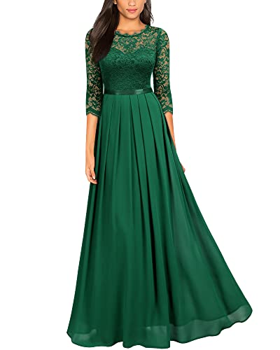 MIUSOL Damen Elegant Halbarm Rundhals Vintage Spitzenkleid Hochzeit Chiffon Faltenrock Langes Kleid Grün M von MIUSOL