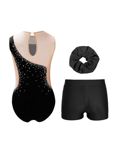 Miutii 3Pcs Mädchen Turnanzug Glitzer Gymnastikanzug mit Shorts Haarband Ärmellos Ballettanzug Ballett Trikot Leotard Wettbewerb Gymnastik Kleidung D Schwarz 158-164 von Miutii