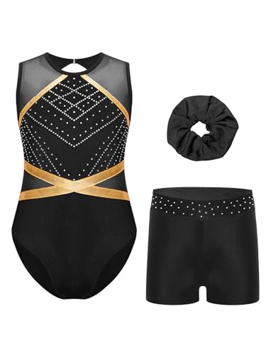Miutii 3Pcs Mädchen Turnanzug Glitzer Gymnastikanzug mit Shorts Haarband Ärmellos Ballettanzug Ballett Trikot Leotard Wettbewerb Gymnastik Kleidung B Schwarz 170-176 von Miutii