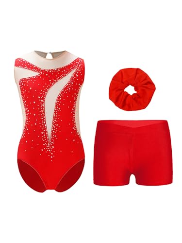 Miutii 3Pcs Mädchen Turnanzug Glitzer Gymnastikanzug mit Shorts Haarband Ärmellos Ballettanzug Ballett Trikot Leotard Wettbewerb Gymnastik Kleidung D Rot 122-128 von Miutii