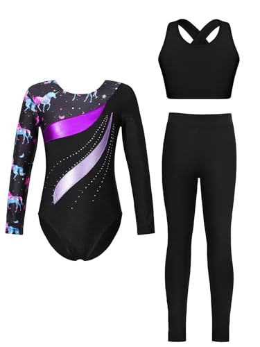 Miutii 3Pcs Mädchen Turnanzug Langarm Glitzer Gymnastikanzug Aufdruck Ballettanzug + Sport BH Tops + Hose Gymnastik Leotard Wettbewerb Tanzkostüm Schwarz&Lila 110-116 von Miutii