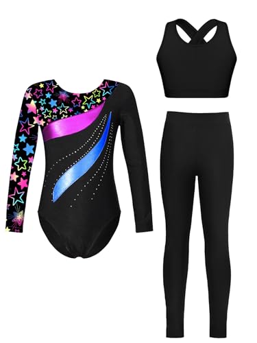 Miutii 3Pcs Mädchen Turnanzug Langarm Glitzer Gymnastikanzug Aufdruck Ballettanzug + Sport BH Tops + Hose Gymnastik Leotard Wettbewerb Tanzkostüm Sterne Schwarz 146-152 von Miutii