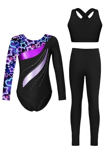 Miutii 3Pcs Mädchen Turnanzug Langarm Glitzer Gymnastikanzug Aufdruck Ballettanzug + Sport BH Tops + Hose Gymnastik Leotard Wettbewerb Tanzkostüm Sternenhimmel Schwarz 122-128 von Miutii