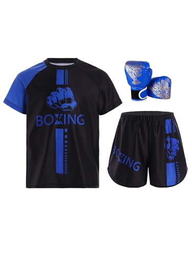 Miutii 3tlg.Kinder Jungen Trainingsanzug Boxing Kleidung Muay Thai Short Kickboxen Kurze Hose + T-Shirt + Boxhandschuhe Thai MMA Kampfsport Training Sport Set Blau 122-128 von Miutii