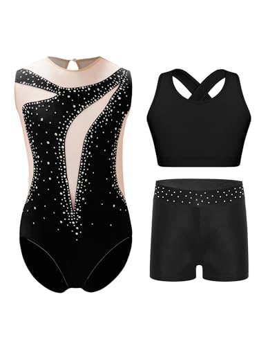 Miutii 3tlg.Mädchen Turnanzug Ärmellos Gymnastikanzug mit Sport BH Crop Tops und Shorts Gymnastik Leotard Wettbewerb Tanzkostüm C Schwarz 146-152 von Miutii