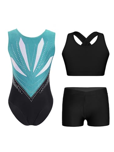 Miutii 3tlg.Mädchen Turnanzug Glitzer Gymnastikanzug + Sport BH Tops + Shorts Ärmellos Ballettanzug Gymnastik Leotard Eislaufen Tanzkostüm A Blau Grün Schwarz 158-164 von Miutii