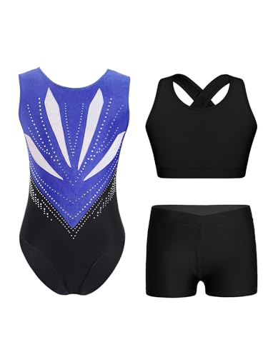 Miutii 3tlg.Mädchen Turnanzug Glitzer Gymnastikanzug + Sport BH Tops + Shorts Ärmellos Ballettanzug Gymnastik Leotard Eislaufen Tanzkostüm A Blau Schwarz 122-128 von Miutii