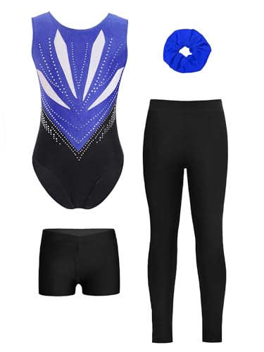 Miutii 4tlg.Mädchen Turnanzug Glitzer Gymnastikanzug mit Shorts Hose und Haargummi Ärmellos Ballettanzug Gymnastik Leotard Eislaufen Tanzkostüm B Blau Schwarz 122-128 von Miutii
