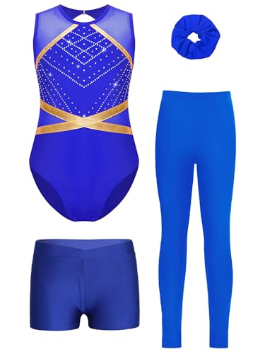 Miutii 4tlg.Mädchen Turnanzug Glitzer Gymnastikanzug mit Shorts Hose und Haargummi Ärmellos Ballettanzug Gymnastik Leotard Eislaufen Tanzkostüm C Blau 158-164 von Miutii