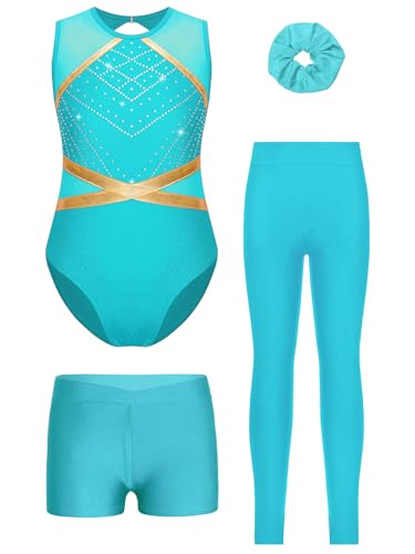 Miutii 4tlg.Mädchen Turnanzug Glitzer Gymnastikanzug mit Shorts Hose und Haargummi Ärmellos Ballettanzug Gymnastik Leotard Eislaufen Tanzkostüm C Blau Grün 134-140 von Miutii