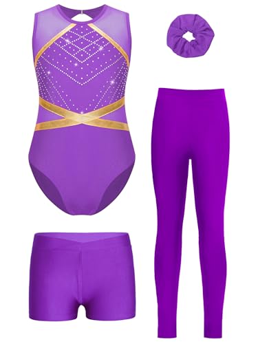 Miutii 4tlg.Mädchen Turnanzug Glitzer Gymnastikanzug mit Shorts Hose und Haargummi Ärmellos Ballettanzug Gymnastik Leotard Eislaufen Tanzkostüm C Lila 134-140 von Miutii