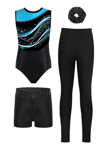 Miutii 4tlg.Mädchen Turnanzug Glitzer Gymnastikanzug mit Shorts Hose und Haargummi Ärmellos Ballettanzug Gymnastik Leotard Eislaufen Tanzkostüm F Hellblau 146-152 von Miutii