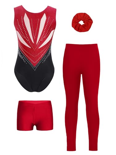 Miutii 4tlg.Mädchen Turnanzug Glitzer Gymnastikanzug mit Shorts Hose und Haargummi Ärmellos Ballettanzug Gymnastik Leotard Eislaufen Tanzkostüm B Weinrot 122-128 von Miutii