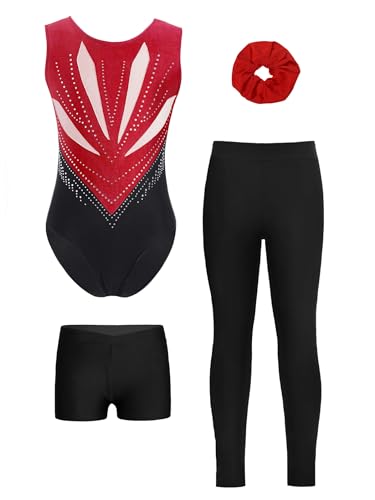 Miutii 4tlg.Mädchen Turnanzug Glitzer Gymnastikanzug mit Shorts Hose und Haargummi Ärmellos Ballettanzug Gymnastik Leotard Eislaufen Tanzkostüm B Weinrot&Schwarz 158-164 von Miutii