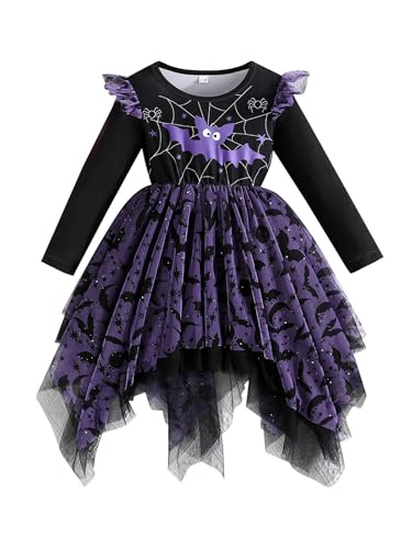 Miutii Baby Mädchen Hexen Kleid Fledermaus Kleid Langarm Tutu Kleider Spinne Outfits Halloween Karneval Fasching Partykleid Violett 80-86 von Miutii