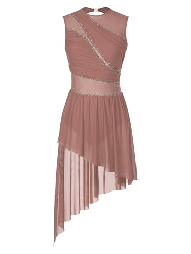 Miutii Damen Eiskunstlauf Kleid Ärmellos Glitzer Ballettkleid mit Asymmetrisch Rock Lyrisch Tanzkleid Modern Contemporary Tanzkleidung Altrosa L von Miutii