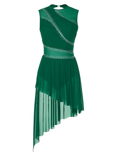 Miutii Damen Eiskunstlauf Kleid Ärmellos Glitzer Ballettkleid mit Asymmetrisch Rock Lyrisch Tanzkleid Modern Contemporary Tanzkleidung Grün XL von Miutii