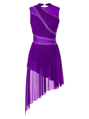 Miutii Damen Eiskunstlauf Kleid Ärmellos Glitzer Ballettkleid mit Asymmetrisch Rock Lyrisch Tanzkleid Modern Contemporary Tanzkleidung Lila M von Miutii