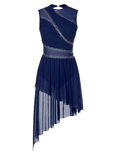 Miutii Damen Eiskunstlauf Kleid Ärmellos Glitzer Ballettkleid mit Asymmetrisch Rock Lyrisch Tanzkleid Modern Contemporary Tanzkleidung Marine Blau L von Miutii
