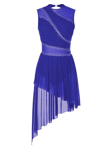 Miutii Damen Eiskunstlauf Kleid Ärmellos Glitzer Ballettkleid mit Asymmetrisch Rock Lyrisch Tanzkleid Modern Contemporary Tanzkleidung Royal Blau M von Miutii