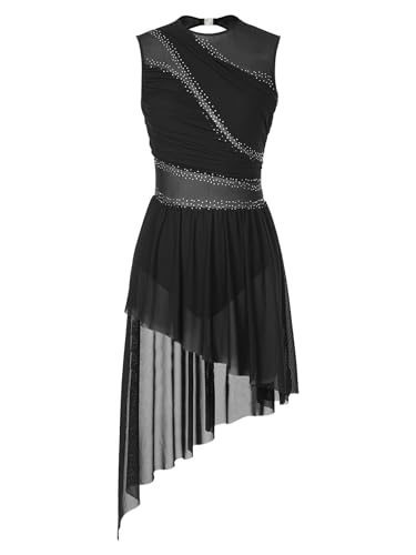 Miutii Damen Eiskunstlauf Kleid Ärmellos Glitzer Ballettkleid mit Asymmetrisch Rock Lyrisch Tanzkleid Modern Contemporary Tanzkleidung Schwarz S von Miutii