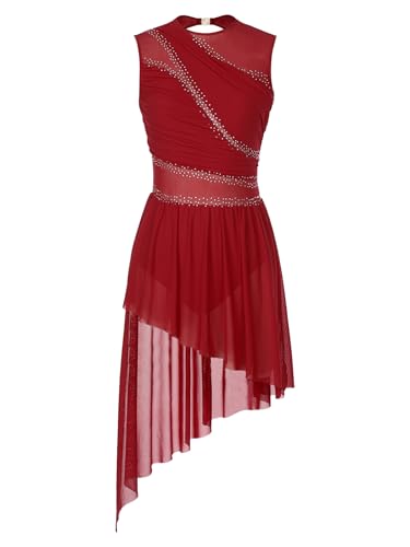 Miutii Damen Eiskunstlauf Kleid Ärmellos Glitzer Ballettkleid mit Asymmetrisch Rock Lyrisch Tanzkleid Modern Contemporary Tanzkleidung Weinrot M von Miutii