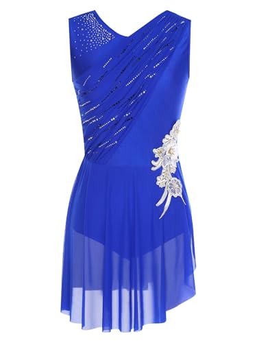 Miutii Damen Eiskunstlauf Kleid Ärmellos Rollschuhkleid Eislaufkleid Glitzer Ballettkleid mit Asymmetrisch Rock Wettbewerb Tanzkostüm Blau XXL von Miutii