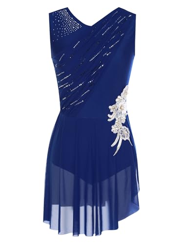 Miutii Damen Eiskunstlauf Kleid Ärmellos Rollschuhkleid Eislaufkleid Glitzer Ballettkleid mit Asymmetrisch Rock Wettbewerb Tanzkostüm Marine Blau S von Miutii