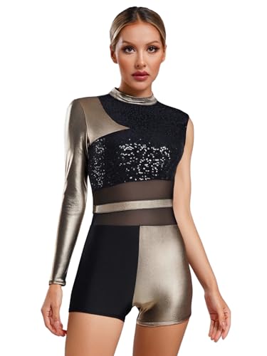 Miutii Damen Turnanzug Glänzend Gymnastikanzug Ein-Schulter Langarm Gymnastik Leotard Pailletten Ballettanzug Turntrikot Wettbewerb Tanzkostüm Gold S von Miutii