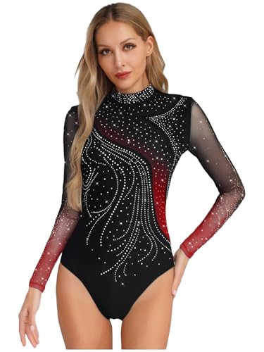 Miutii Damen Turnanzug Glitzer Langarm Gymnastikanzug Strass Glänzend Ballettanzug Gymnastik Leotard Turntrikot Eislaufen Wettbewerb Tanzkostüm Rot S von Miutii