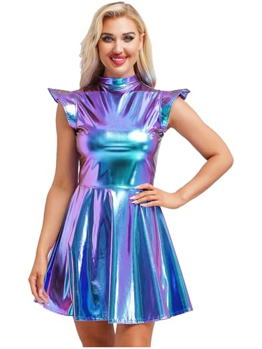 Miutii Damen Wetlook Minikleid Partykleid Rollkragen Holografisch Kleid Metallic Alien Kleid Glänzend Skaterkleid Karneval Fasching GOGO Rave Partykleid Blau S von Miutii