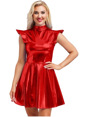 Miutii Damen Wetlook Minikleid Partykleid Rollkragen Holografisch Kleid Metallic Alien Kleid Glänzend Skaterkleid Karneval Fasching GOGO Rave Partykleid Rot XL von Miutii