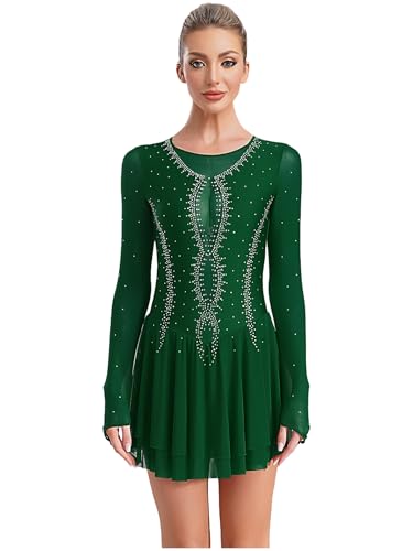 Miutii Eiskunstlauf Kleid Damen Glitzer Ballettkleid Langarm Rollschuhkleid Eislaufkleid Strass Patchwork Tanzanzug Wettbewerb Tanzkostüm Grün L von Miutii