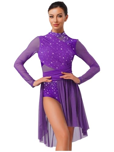 Miutii Eiskunstlauf Kleid Damen Glitzer Ballettkleid Rückenfrei Langarm Rollschuhkleid Eislaufkleid Lyrisch Tanzkleid Wettbewerb Tanzkostüm Lila S von Miutii