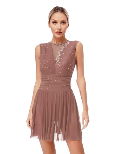 Miutii Eiskunstlauf Kleid Damen Rollschuhkleid Eislaufkleid Glitzer Ballettkleid mit Strass Lyrisch Tanzkleid Wettbewerb Tanzkostüm A Altrosa S von Miutii