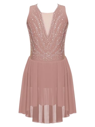 Miutii Eiskunstlauf Kleid Mädchen Ärmellos Ballettkleid Glitzer Tanzkleid Rollschuhkleid Ballett Trikot Tanzbody mit Strass Wettbewerb Tanzkostüm Altrosa 122-128 von Miutii