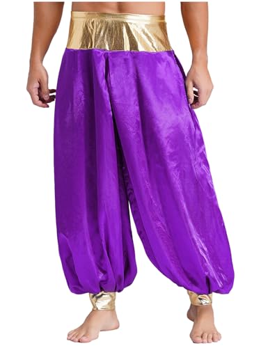 Miutii Herren Araber Prinz Kostüm Satin Haremshose Pumphose Loose Fit Baggy Hose Sport Freizeithose Hippie Hose Karneval Fasching Kostüm Violett XL von Miutii