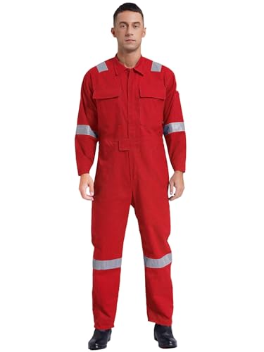 Miutii Herren Arbeitsoverall Mechanisch Jumpsuit Overall mit Reflektierende Streifen Schutzanzug Maleroverall Handwerker Arbeitskleidung Rot L von Miutii